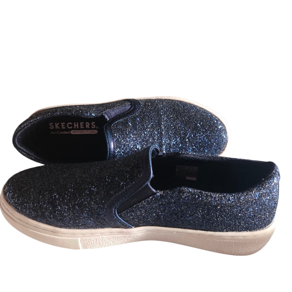 New! Skechers Air Cooled Memory Foam Navy Blue Glitter Slip On Shoes 7 - Picture 2 of 14